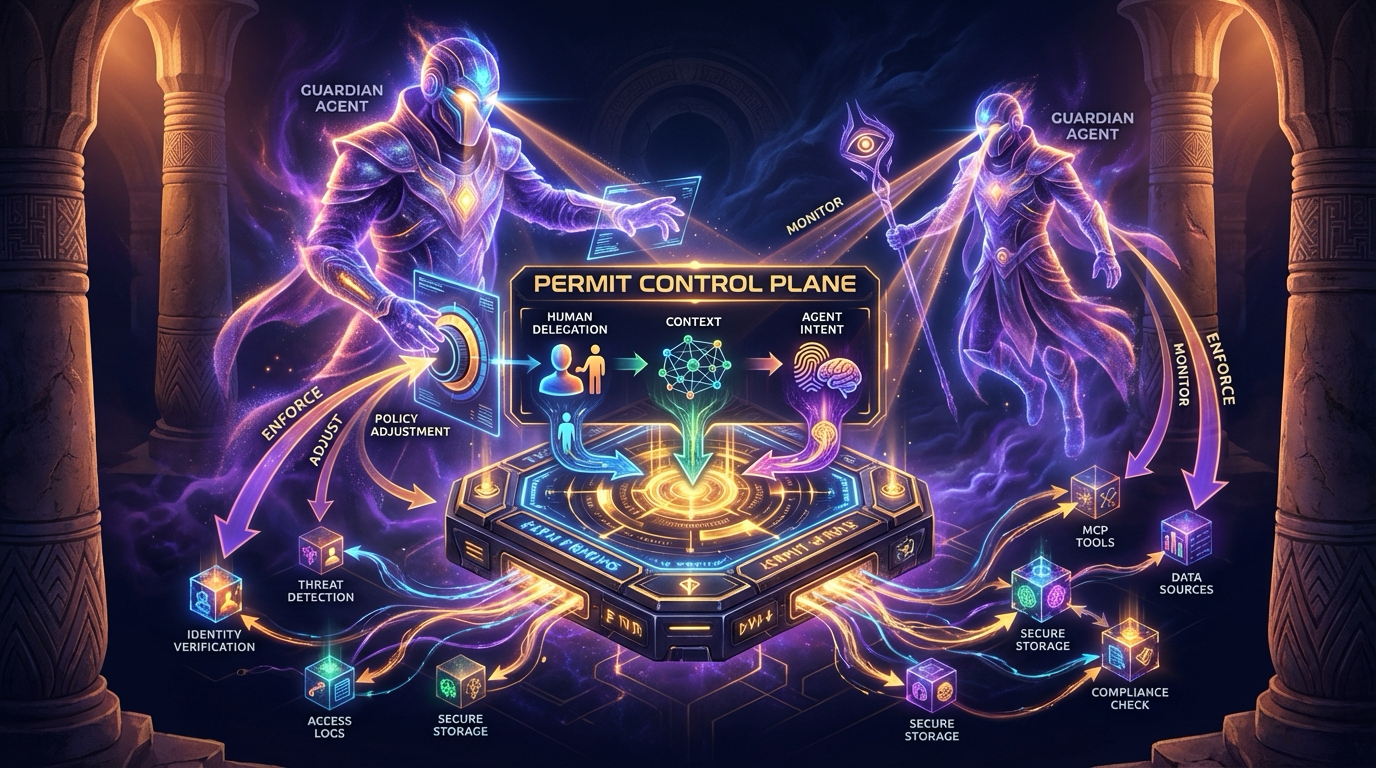 Guardian Agents monitoring the Permit Control Plane — powered by Human Delegation, Context, and Agent Intent