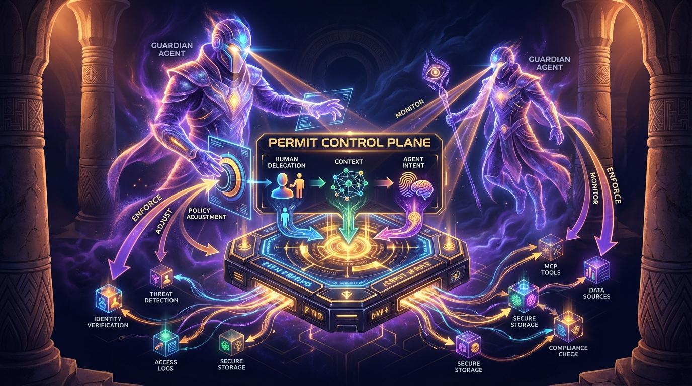 Guardian Agents monitoring the Permit Control Plane — powered by Human Delegation, Context, and Agent Intent