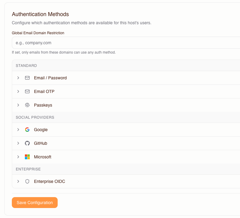 Authentication methods configuration — IdP, SSO, OIDC