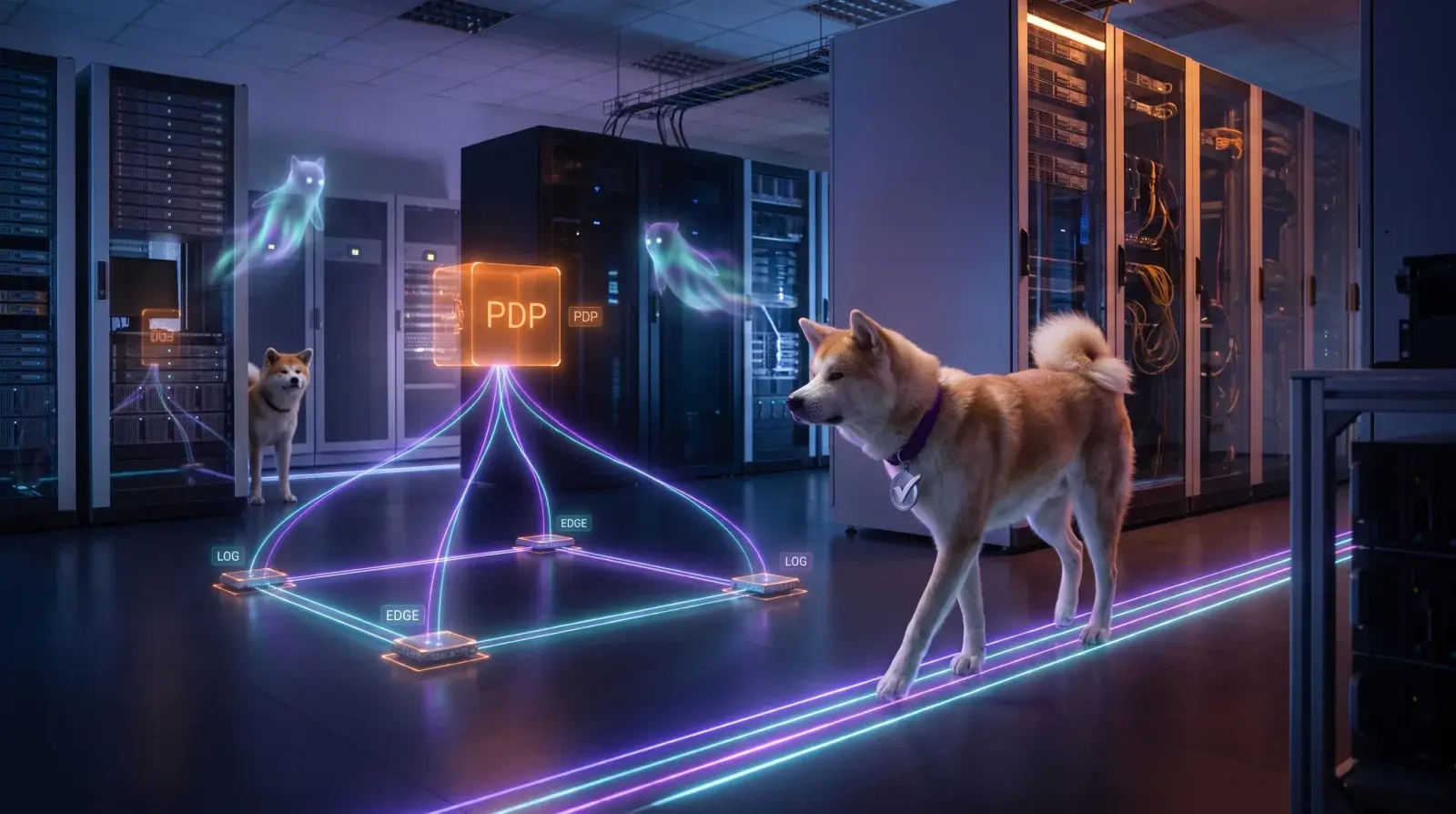 Check walking a data-center floor where a holographic Policy Decision Point fans out to edge nodes and logs
