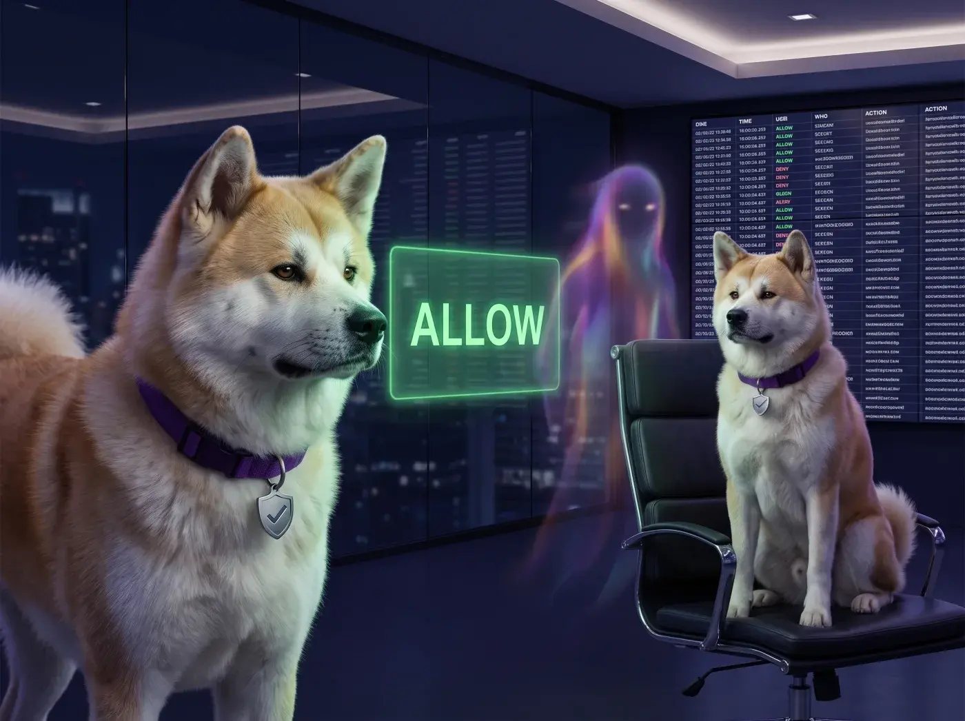 Check in a SOC looking at a holographic ALLOW decision in front of an authorization log wall