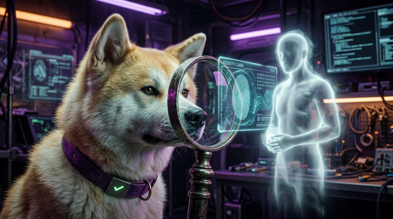 Check the Akita examining an AI agent spirit with a magnifying glass, revealing its fingerprint identity