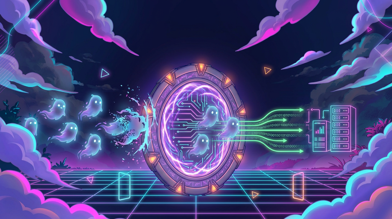 AI agent spirits flowing through the MCP security gateway to reach servers and tools