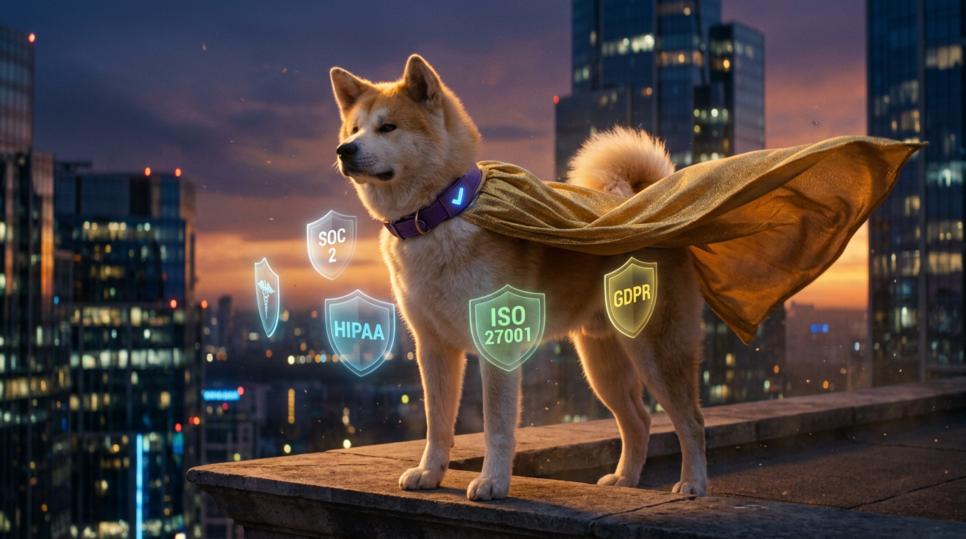 Check the Akita as a superhero with compliance certification badges floating around