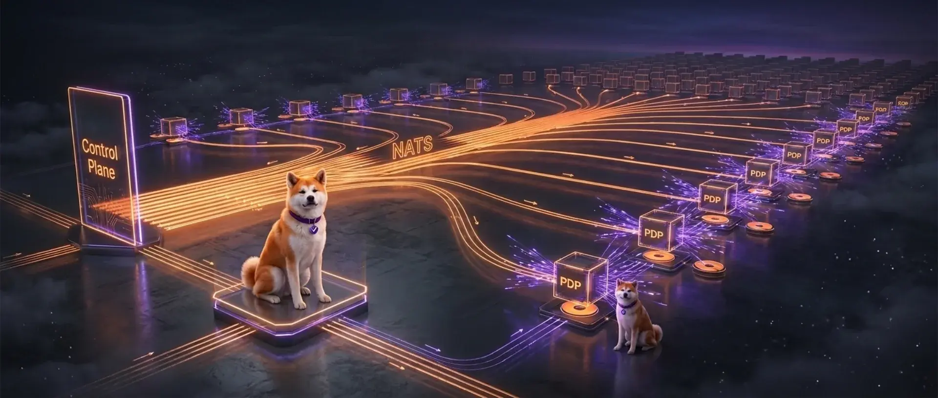 A Permit control plane streaming policy and data over NATS to a large fleet of Nexus PDP nodes, each with its own local disk, watched over by the Permit Akita mascot.