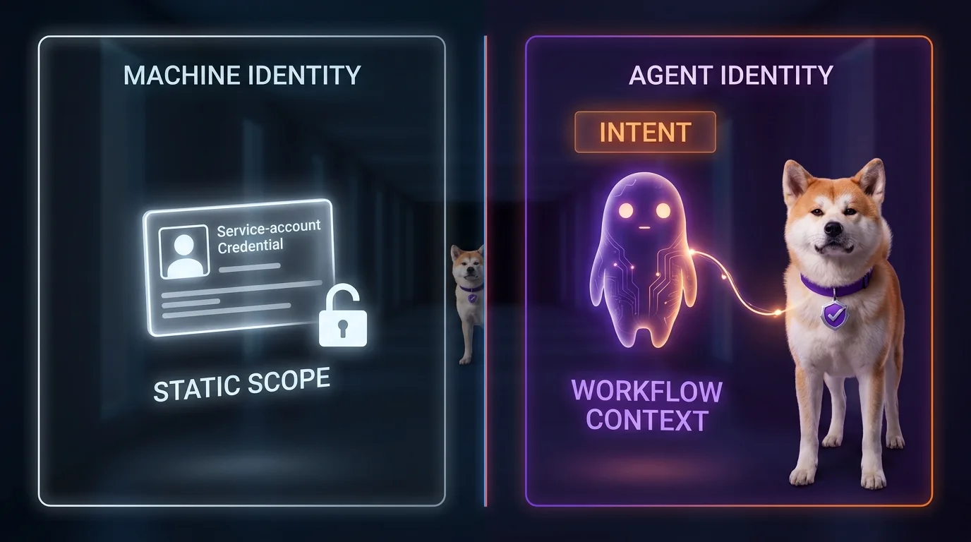 Machine identity vs agent identity: the control-plane distinction Machine Identity (service account credential, static scope, no human anchor) on the left vs Agent Identity (spirit tethered to the Akita Inu delegator, with INTENT and WORKFLOW CONTEXT labels) on the right — a split comparison board
