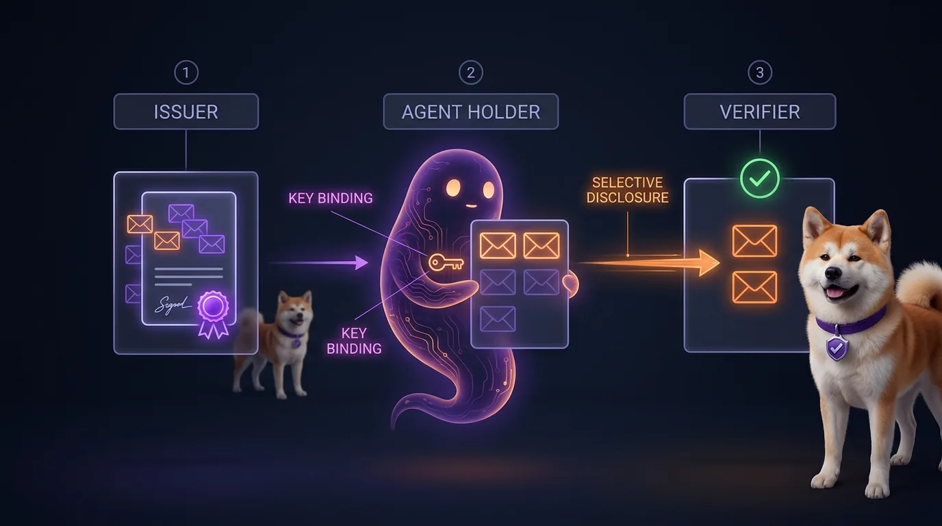 SD-JWT selective disclosure and key binding in A2A agent discovery SD-JWT flow: the spirit agent at center holds a credential card with sealed (purple) and disclosed (orange) claim envelopes; only two envelopes travel via SELECTIVE DISCLOSURE arrow to the VERIFIER; a KEY BINDING icon links the agent's key to the card; the Akita Inu mascot stands at the verifier node