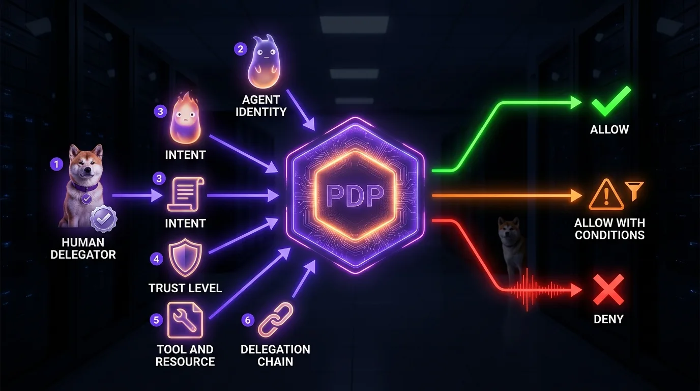 Runtime authorization context tuple: the PDP evaluates all six dimensions before permitting an MCP tool call Hub-and-spoke PDP diagram: six input nodes (HUMAN DELEGATOR as Akita Inu, AGENT IDENTITY as spirit, INTENT, TRUST LEVEL, TOOL AND RESOURCE, DELEGATION CHAIN) feed the central hexagonal PDP node via purple arrows; three output paths emerge — green ALLOW, orange ALLOW WITH CONDITIONS, red DENY