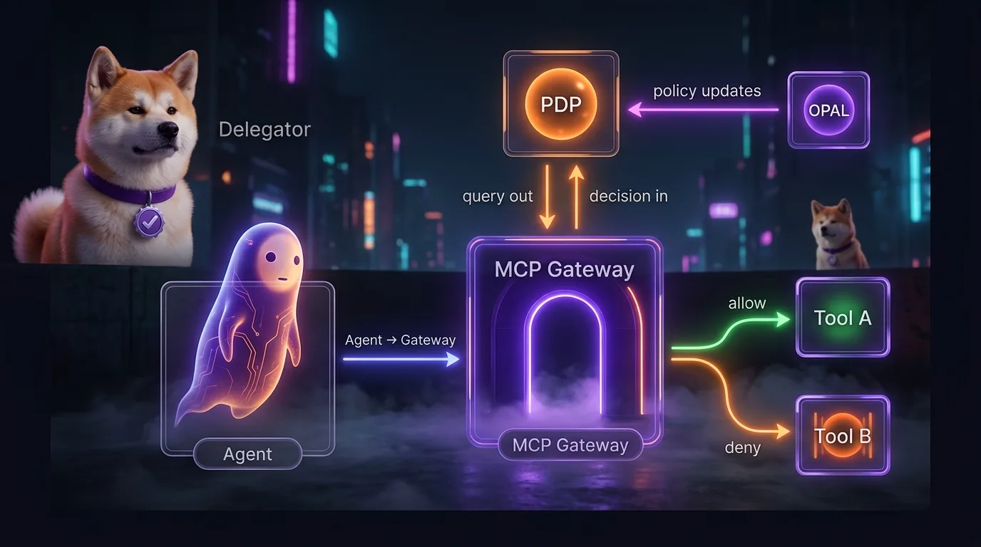 The MCP Gateway intercepts every tool call, queries the PDP for an allow/deny decision, and logs the full context — agent, delegator, intent, tool, and policy reason MCP Gateway enforcement architecture: agent and human delegator on the left, MCP Gateway as the central enforcement node, PDP above with OPAL feeding policy updates, Tool A (allowed) and Tool B (denied) on the right