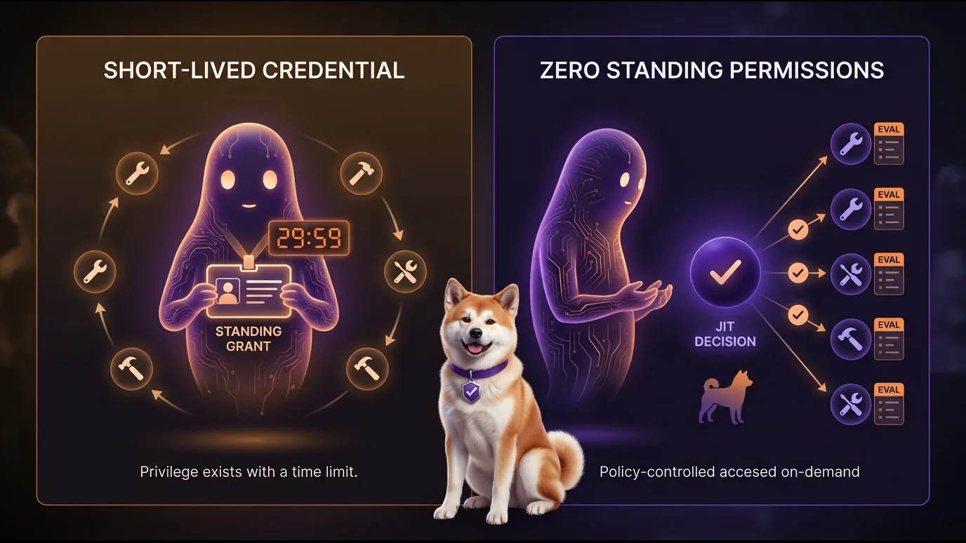 Short-lived credential vs zero standing permissions — same spirit, very different control model Split comparison: left panel shows a spirit holding a standing grant badge with a countdown timer (short-lived credential); right panel shows the same spirit facing a policy engine that projects just-in-time approval per tool action (zero standing permissions)