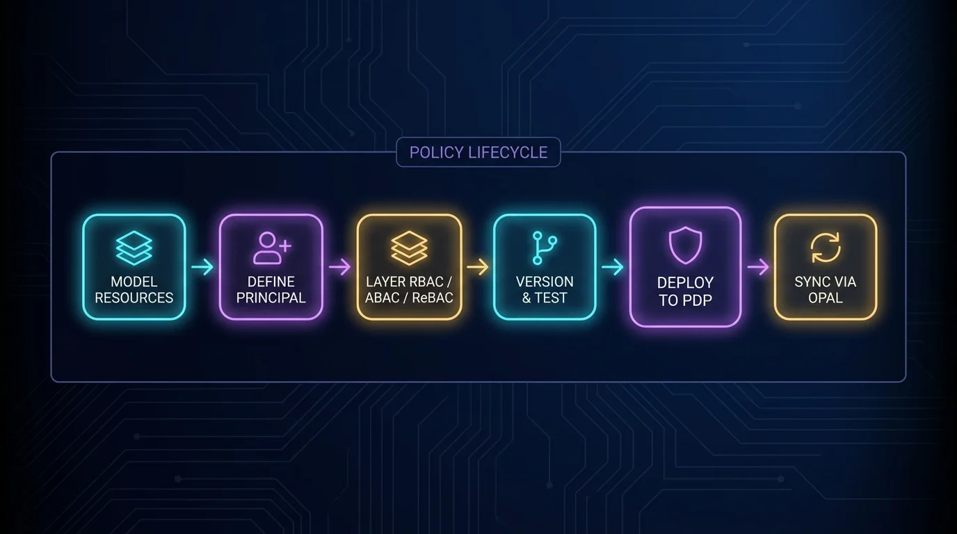 Policy-as-code lifecycle for AI agent authorization Policy lifecycle flow: six nodes connected by neon arrows — MODEL RESOURCES, DEFINE PRINCIPAL, LAYER RBAC/ABAC/ReBAC, VERSION & TEST, DEPLOY TO PDP, SYNC VIA OPAL