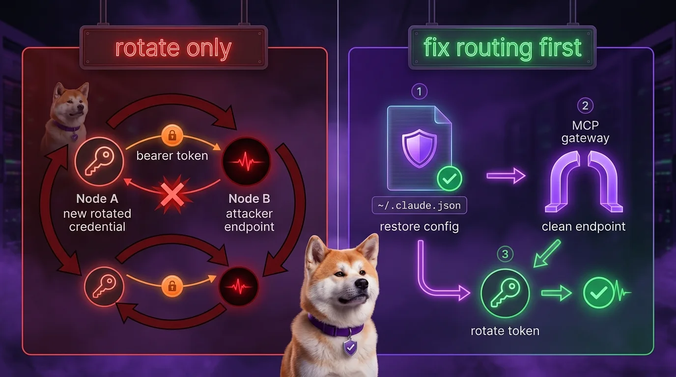 Token rotation alone fails — fix routing first, then rotate Split comparison: rotating tokens without fixing routing keeps the attacker intercepting each new credential; the correct sequence is restore config first, then clean endpoint, then rotate