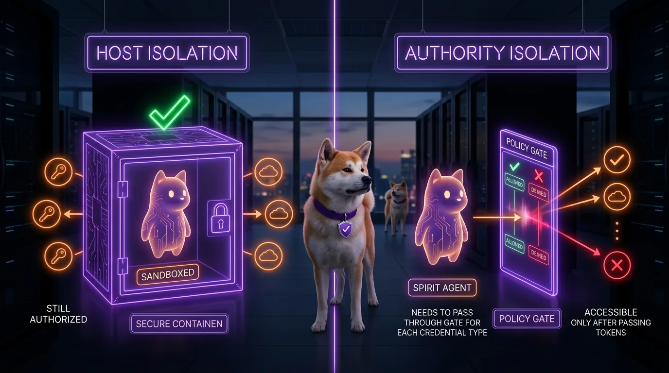 Host isolation and authority isolation are orthogonal — you need both Split diagram: HOST ISOLATION (agent sandboxed, credentials floating freely outside) vs AUTHORITY ISOLATION (agent must pass through a policy gate for each credential)