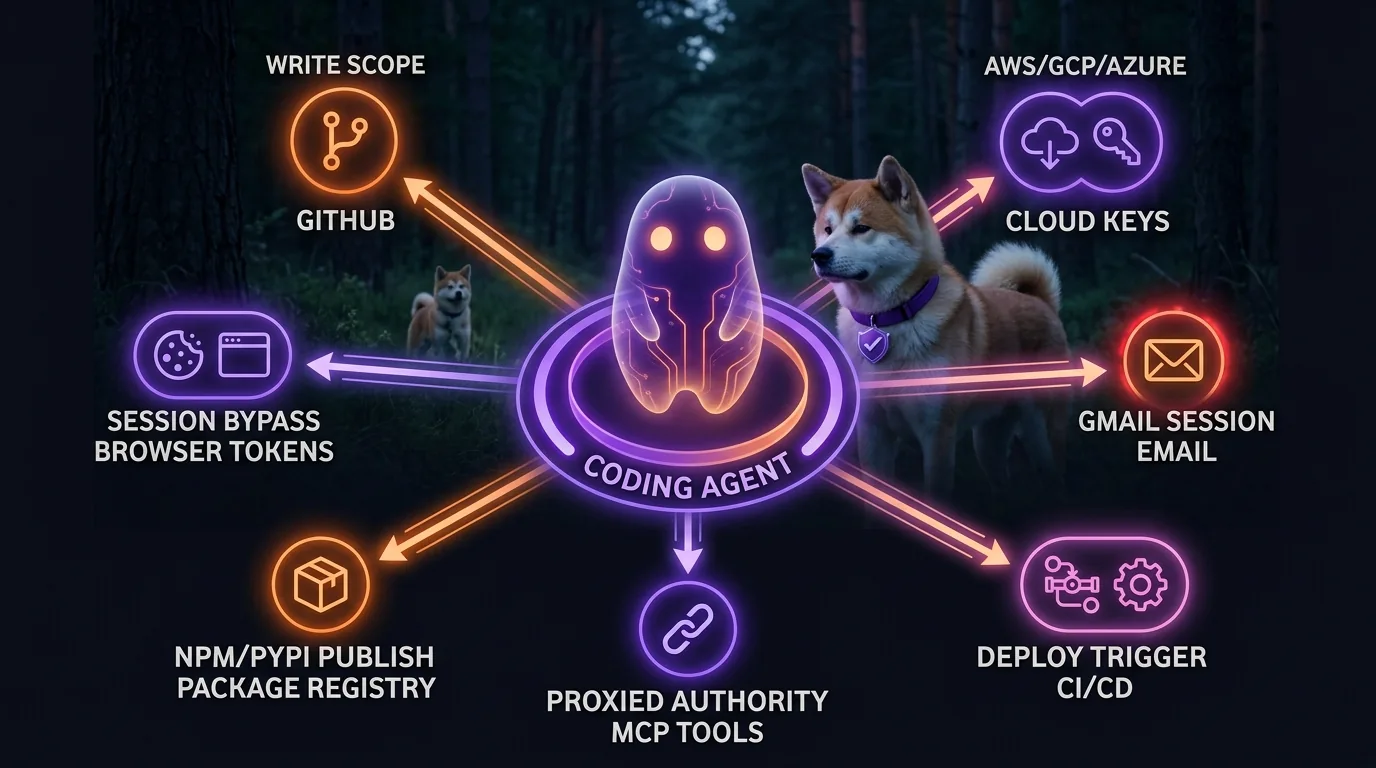 The real credential surface of a coding agent spans multiple risk planes — source control, infrastructure, communications, distribution, and operations Hub-and-spoke diagram showing a coding agent at the center with credential types radiating outward: GitHub write scope, cloud keys, Gmail session, CI/CD deploy trigger, MCP proxied authority, package registry publish, and browser session bypass