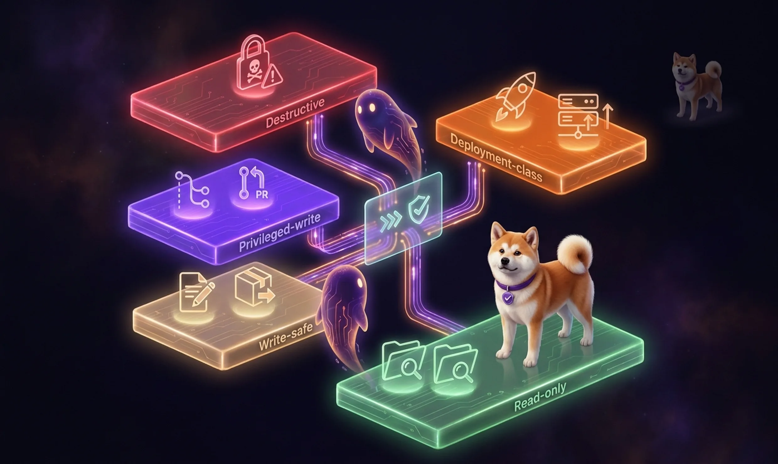 Trust-tier taxonomy: five operational risk levels from Read-only to Destructive/Credentials Five trust tiers shown as glowing isometric platform layers — from green Read-only at the base to red Destructive at the top — with a spirit agent ascending through an authorization gateway and the Akita mascot as policy owner at the base