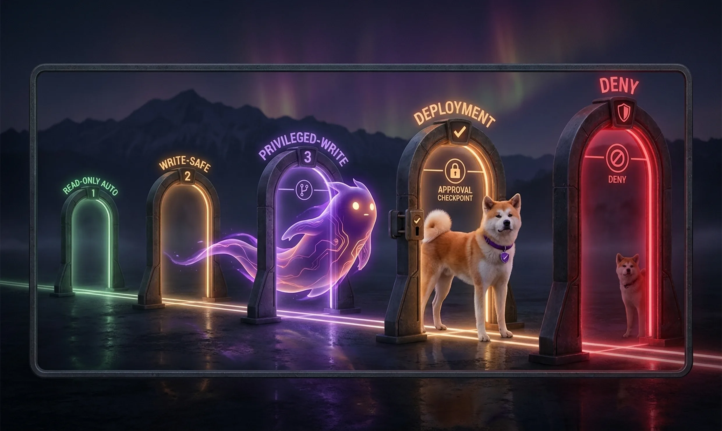 The secure rollout ladder: five staged gates from read-only auto to destructive always-denied Five sequential gateway arches in a left-to-right rollout sequence — green Read-only Auto, amber Write-safe, purple Privileged-write with a spirit agent passing through, orange Deployment with approval checkpoint, and sealed red Deny gate — with the Akita mascot standing as approver before the final gate