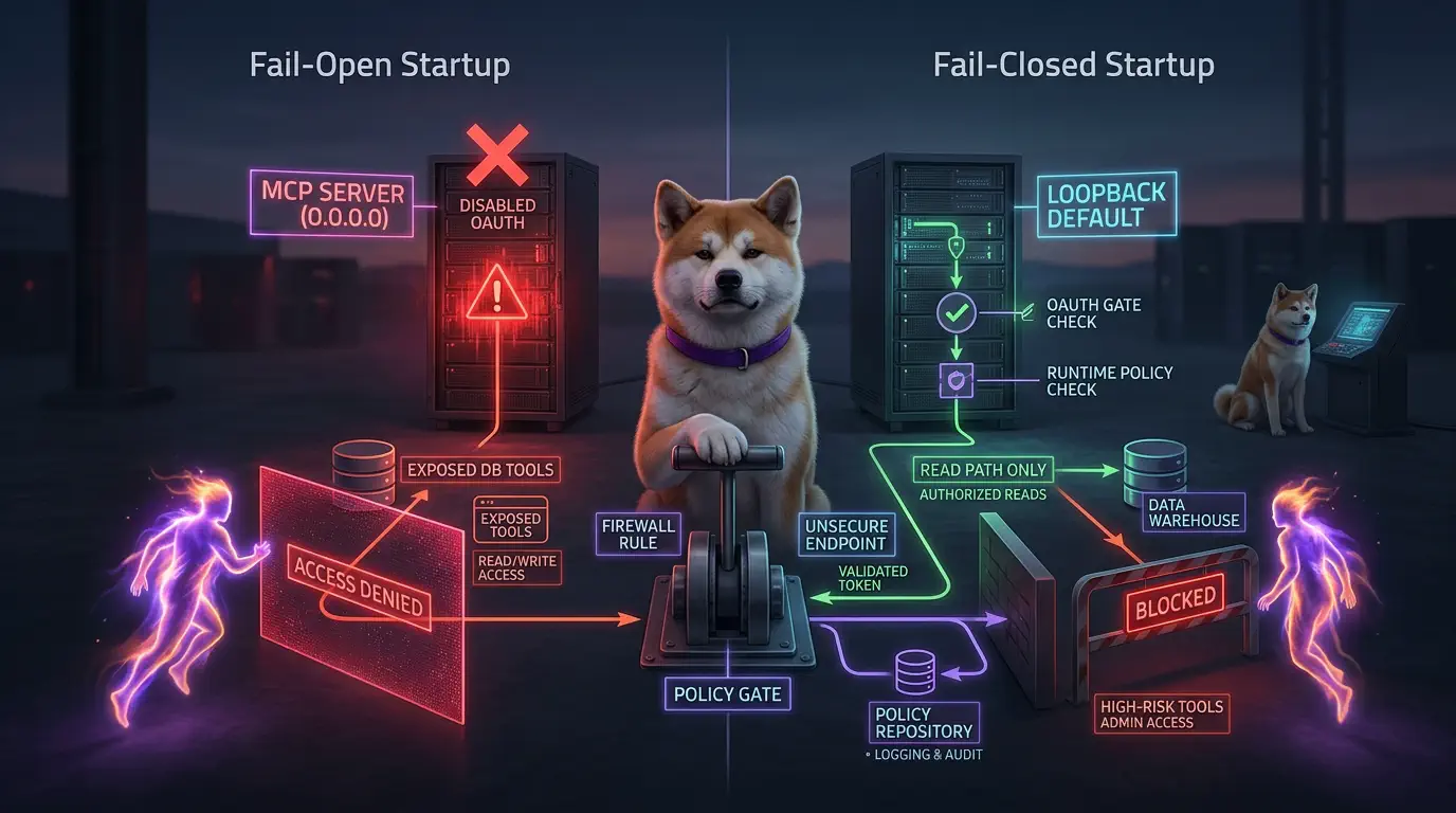 Split comparison board showing fail-open MCP startup on the left and fail-closed startup on the right, with an Akita mascot controlling a policy gate between both states