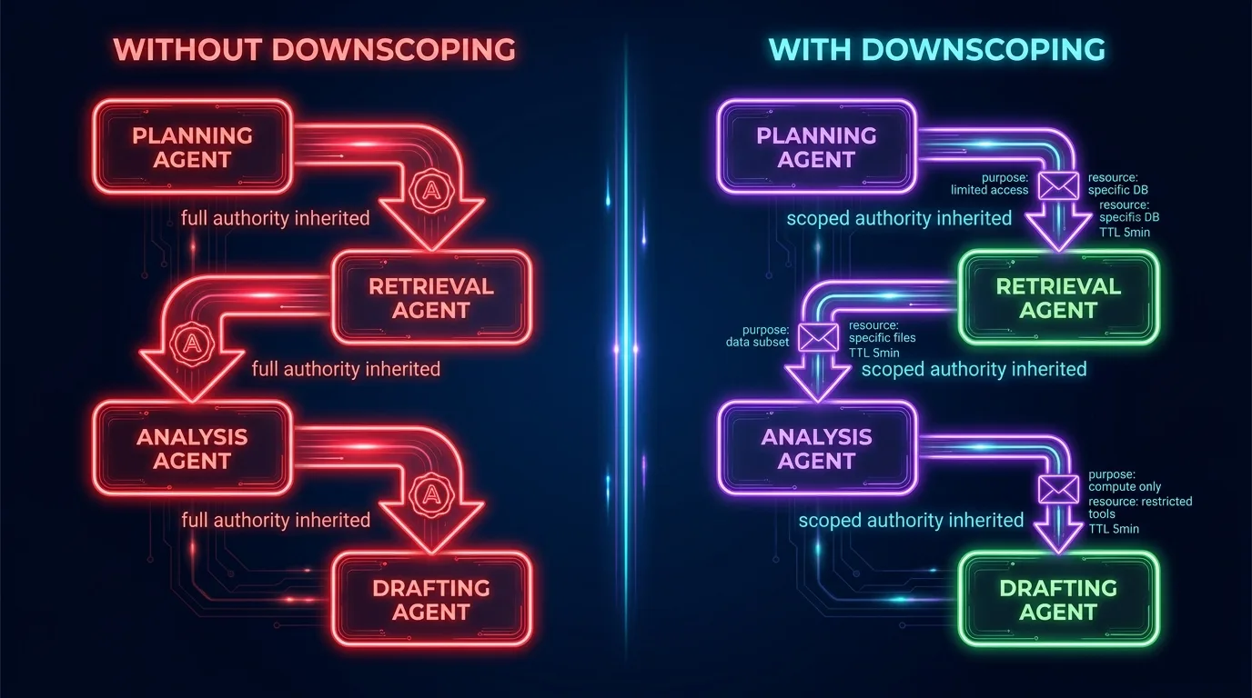 Downscoping in multi-agent chains: left panel shows full authority inherited at every hop (bad), right panel shows progressively narrowed envelopes with purpose, resource constraints at each delegation step (good)