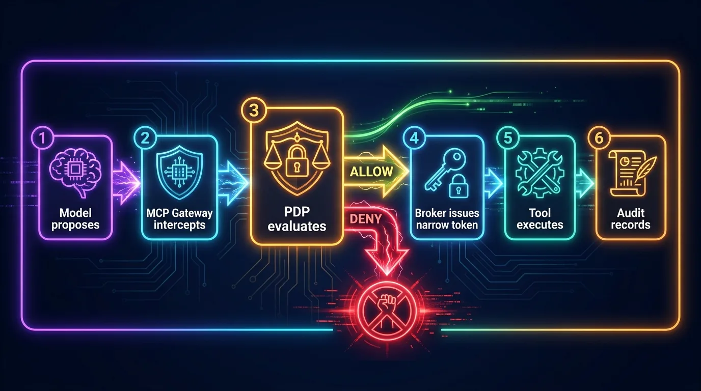 The Permit enforcement loop: agent identity token → MCP Gateway intercepts → PDP evaluates inside customer VPC (ALLOW/DENY) → gateway uses vaulted credential to call end service → audit trail records