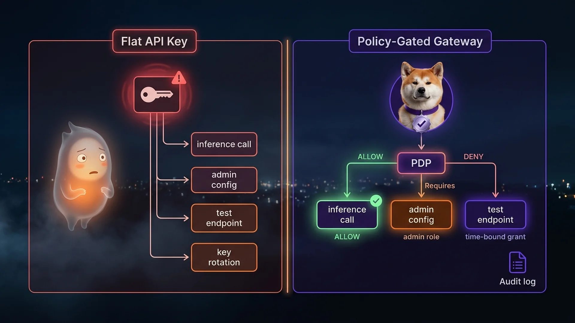 Flat API key architecture vs. policy-gated MCP gateway with explicit admin roles and audit logs MCP gateway security checklist: a split comparison board showing insecure flat-key architecture on the left versus policy-gated admin plane with audit logs on the right