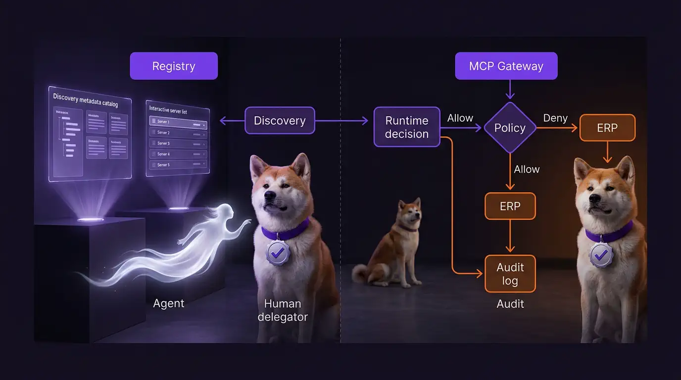 Split view of MCP registry discovery versus MCP gateway runtime authorization and audit enforcement