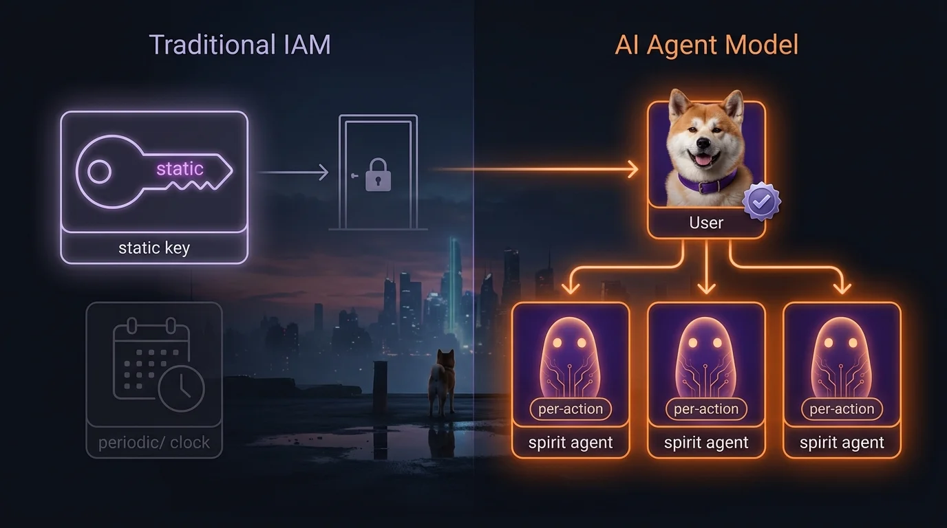 Traditional IAM vs. AI Agent Model Traditional IAM model vs. AI agent authorization model — a side-by-side comparison showing why static credentials and coarse roles fail for autonomous agents