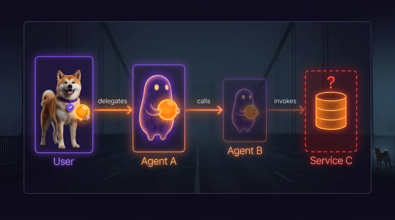 The multi-hop delegation problem — where accountability disappears Multi-hop delegation chain showing User → Agent A → Agent B → Service C, with scope and intent lost at the final hop and the audit trail broken