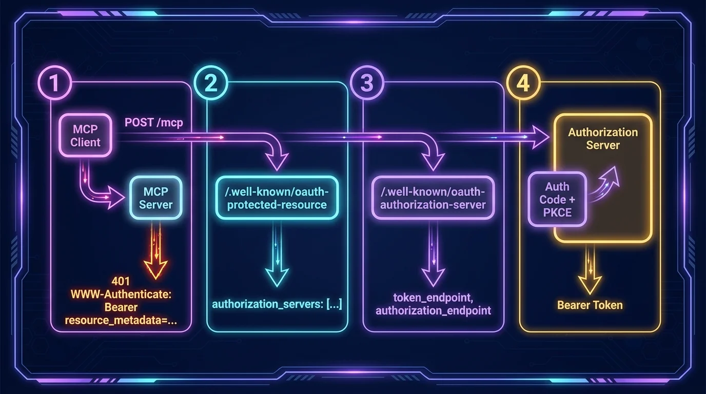 The four-step OAuth discovery chain for MCP: 401 challenge, protected resource metadata, authorization server metadata, then PKCE auth code flow
