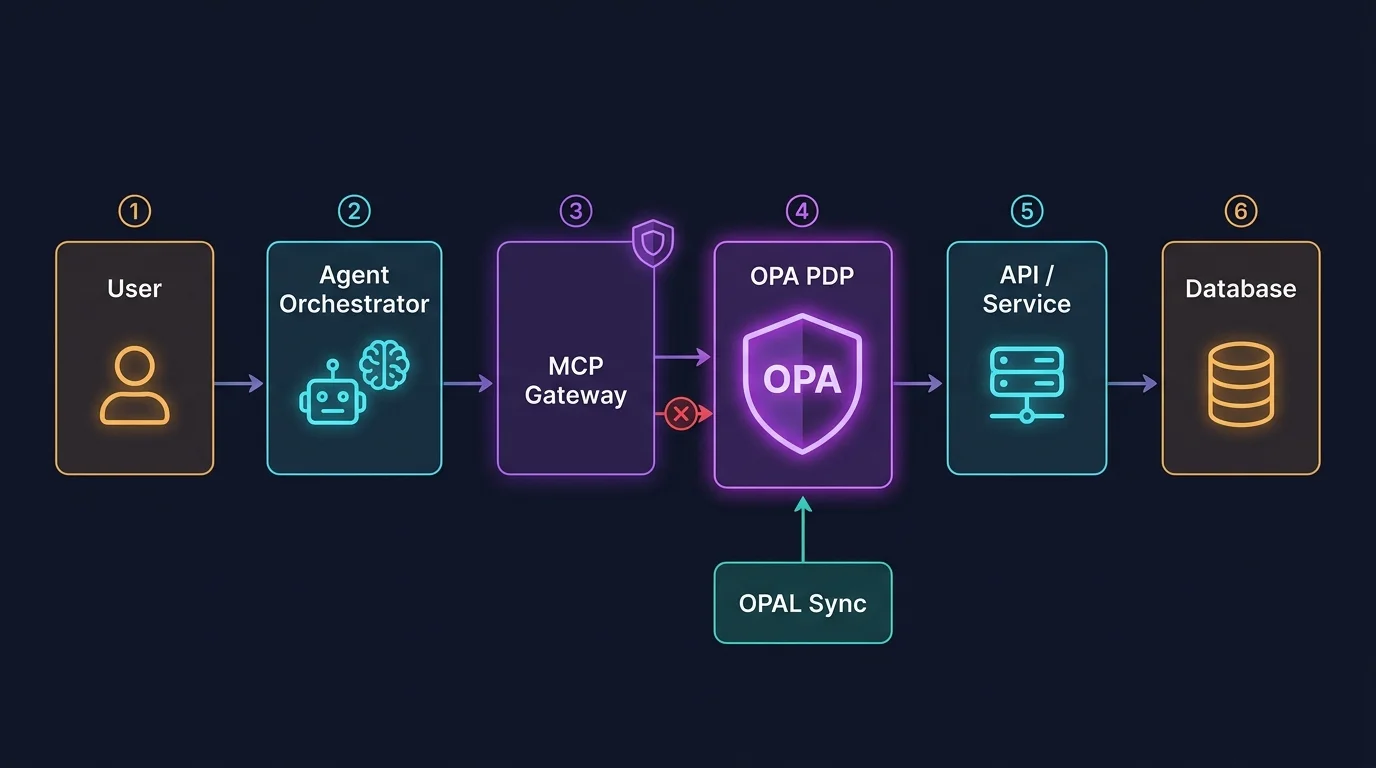 OPA as a composable enforcement fabric across the full agentic request lifecycle Full agentic request lifecycle: User → Agent Orchestrator → MCP Gateway (OPA check 1) → OPA PDP (OPA check 2, fine-grained delegation) → API/Service (OPA check 3) → Database (OPA check 4, row/column), with OPAL Sync feeding real-time policy updates to all PDP instances