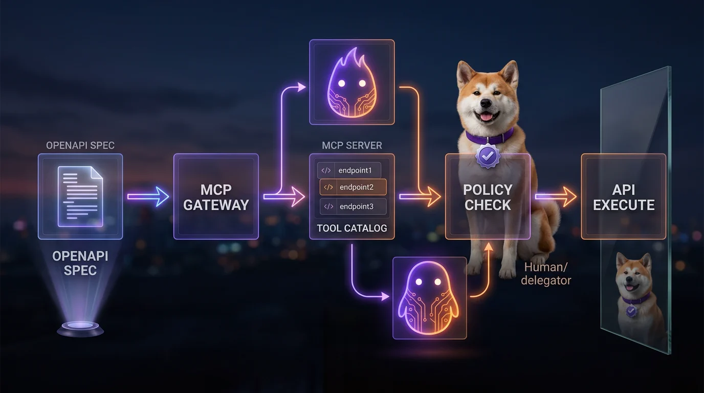 From OpenAPI paths to MCP tools OpenAPI spec transformed into MCP tool catalog with policy checkpoints