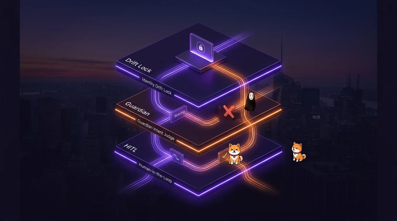 Three-layer defense stack: identity drift lock at top, Guardian intent-alignment judge in middle, human-in-the-loop gate on writes at bottom — isometric layered enforcement model