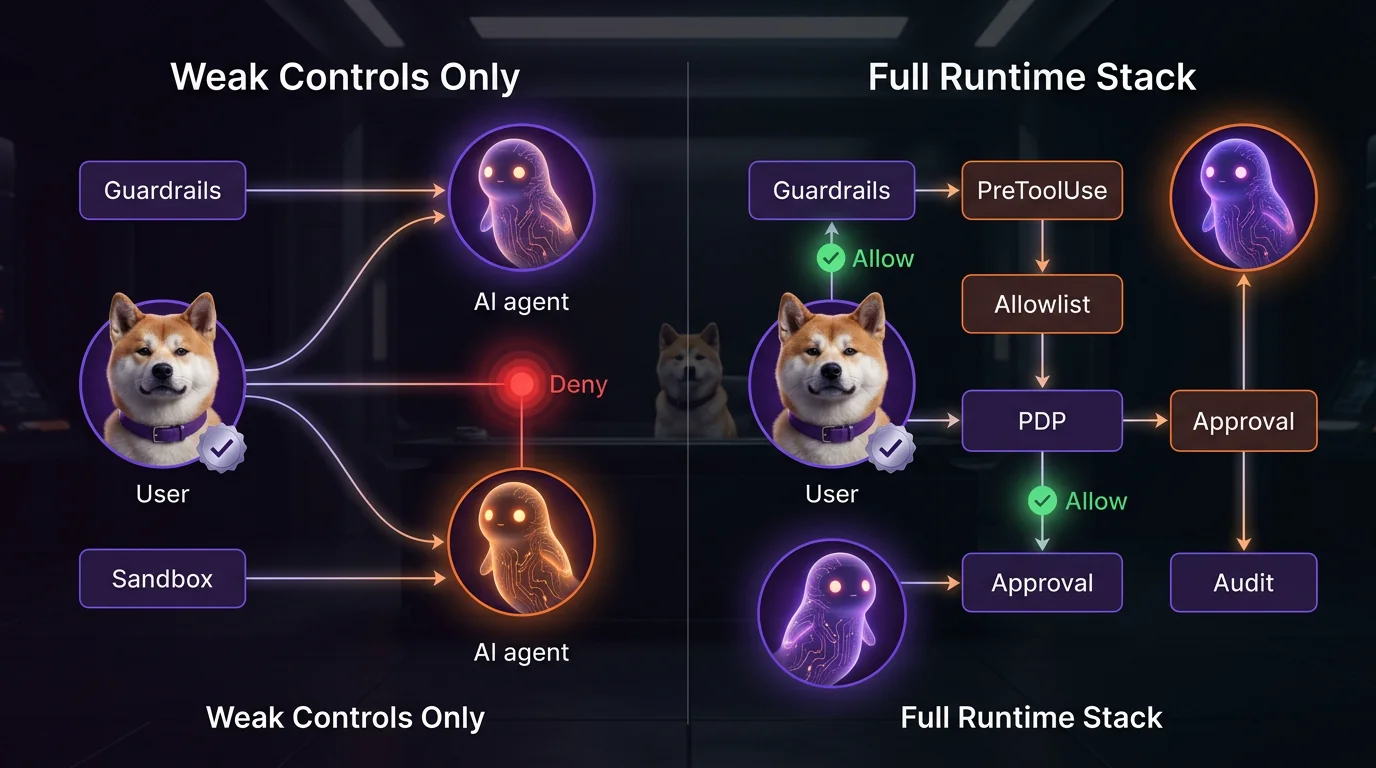 Control stack comparison for guardrails, hooks, allowlists, approvals, and centralized policy