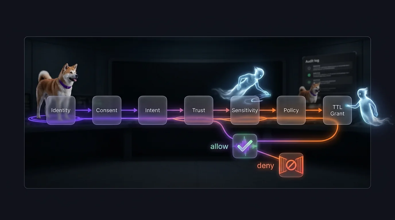 Flow-panel diagram of JIT authorization sequence with identity, consent, intent, trust, sensitivity, policy, and TTL grant checkpoints