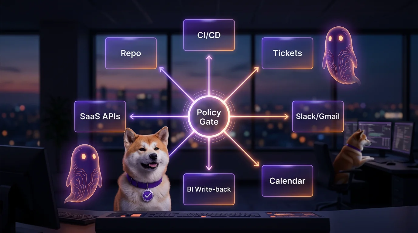 A hub-and-spoke security diagram that maps the systems coding agents touch across repos, CI/CD, tickets, chat, calendar, BI write-back, and SaaS APIs