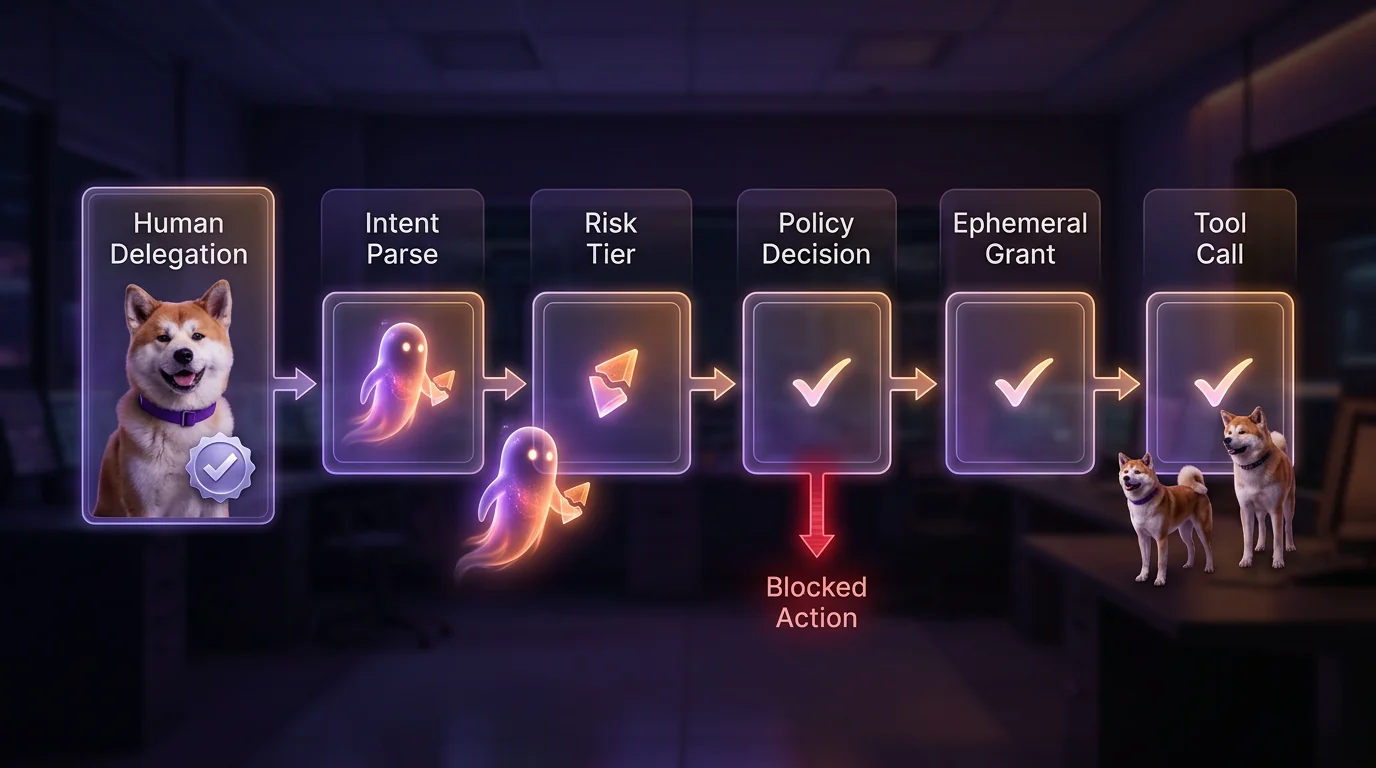 A left-to-right just-in-time authorization flow showing delegation, intent parsing, risk tiering, policy decisions, ephemeral grants, and guarded tool execution