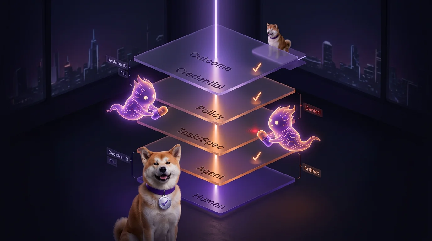 An isometric layered audit stack connecting human, agent, task spec, policy decision, credential TTL, and execution outcome in one trace